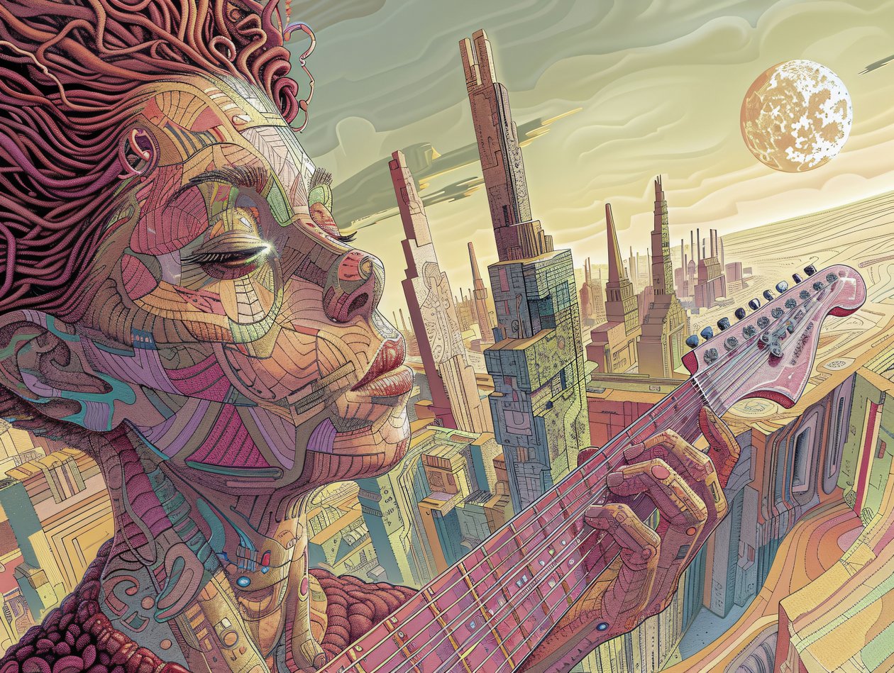 Junger Mann spielt Musik in einer surrealen futuristischen Szene, Rahmen Wanddekoration Drucke von F. Abderrahim