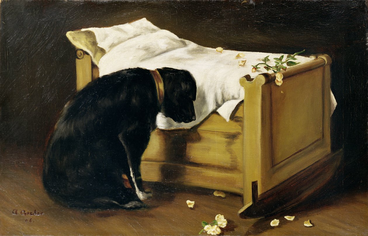 Hund trauert um seinen kleinen Meister, 1866 von A. Archer