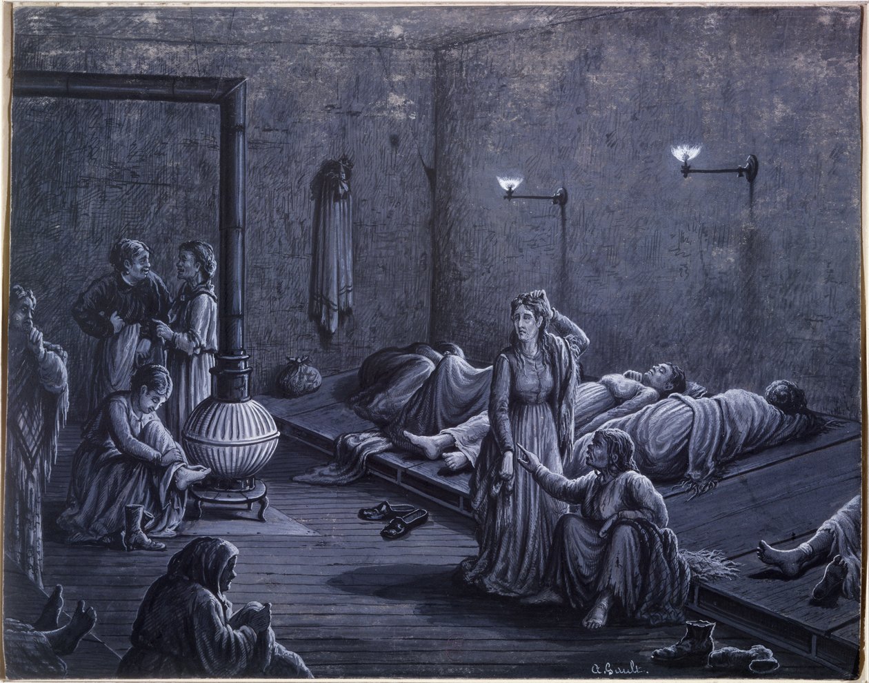 Innenansicht eines Nachtschutzes für arme Frauen, 1850-60 von A. Gault