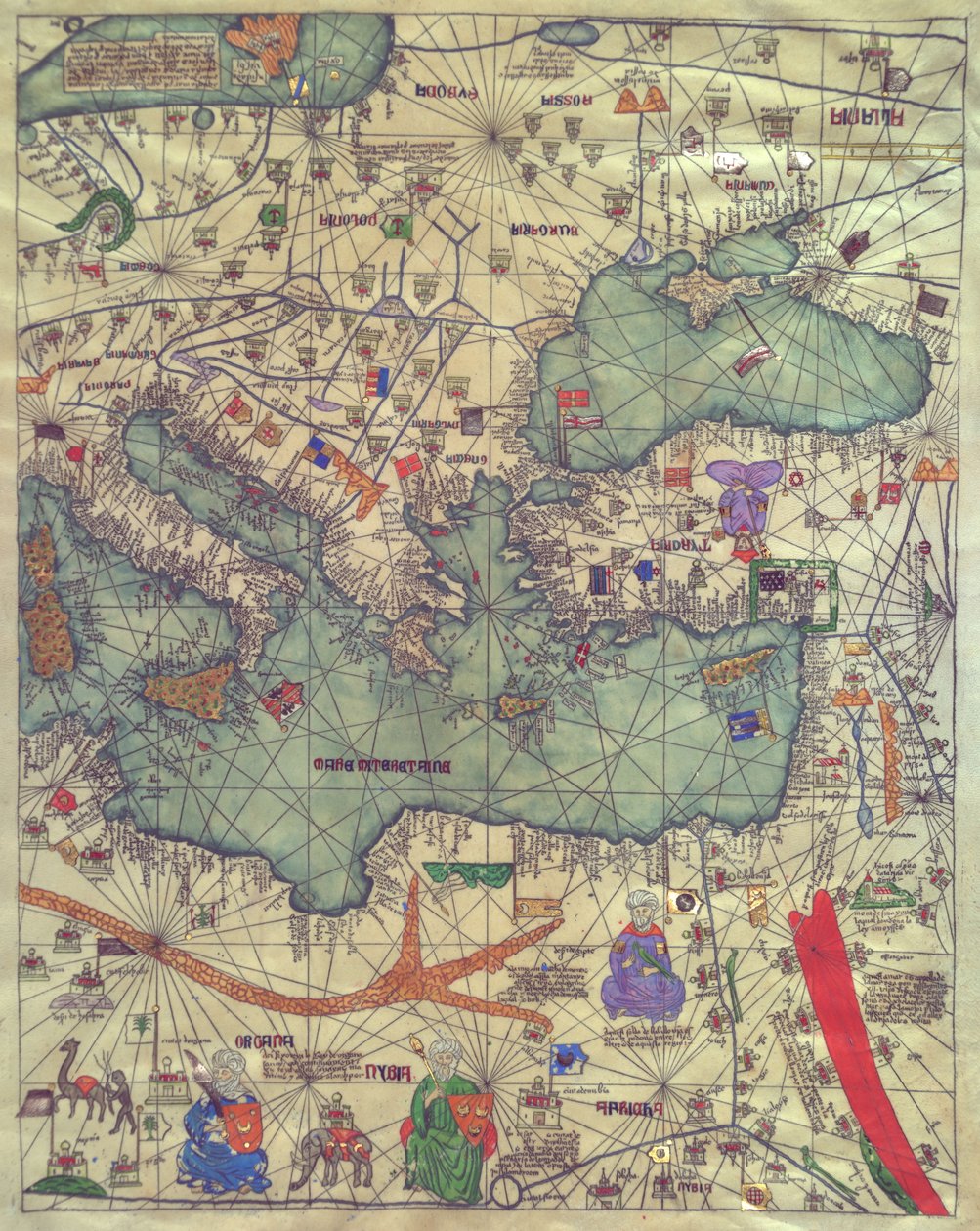 Karte von Osteuropa, Ansicht von Süden. Katalanischer Atlas von Abraham Cresques