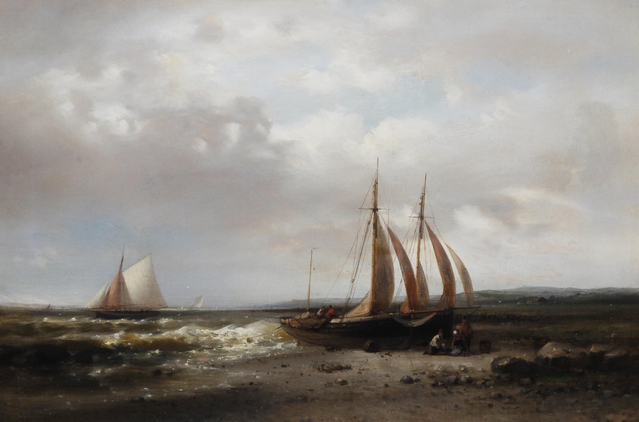 Küstenszene mit Fischern, die ihr Boot am Ufer pflegen von Abraham Hulk