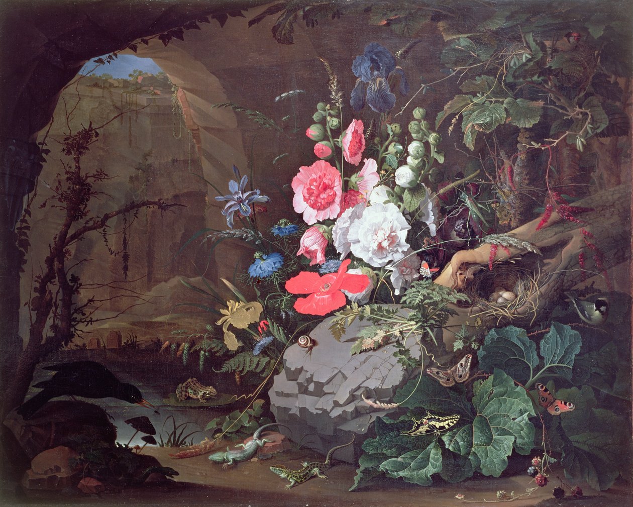 Blumen und Vögel in einer Höhle von Abraham Mignon