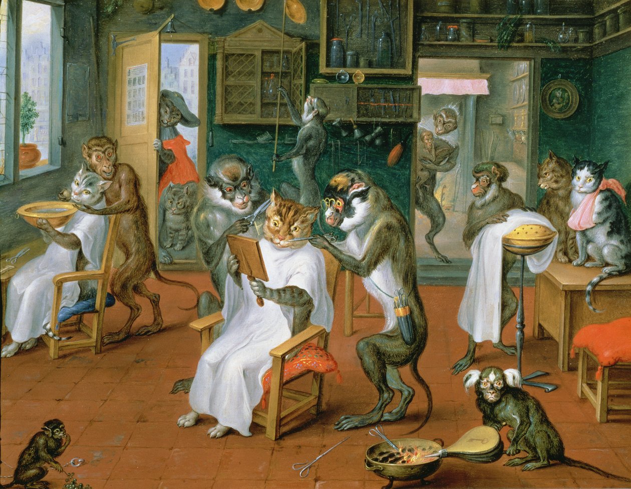 Barbierladen mit Affen und Katzen von Abraham Teniers