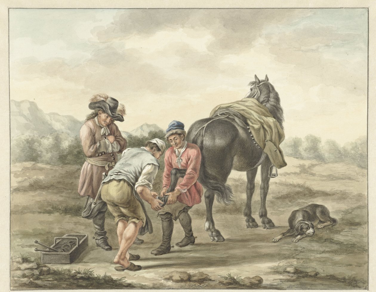 Hufschmied in Landschaft von Abraham Delfos