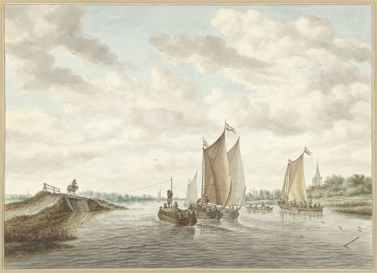 Flusslandschaft mit verschiedenen Booten von Abraham Delfos