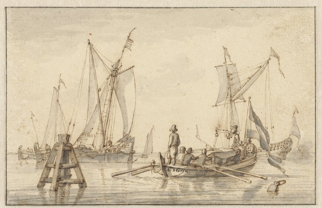 Stille See mit einigen Booten von Abraham Storck