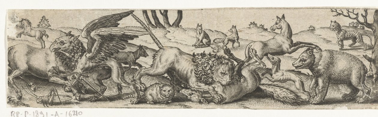 Kämpfende Tiere in einer Landschaft von Abraham de Bruyn
