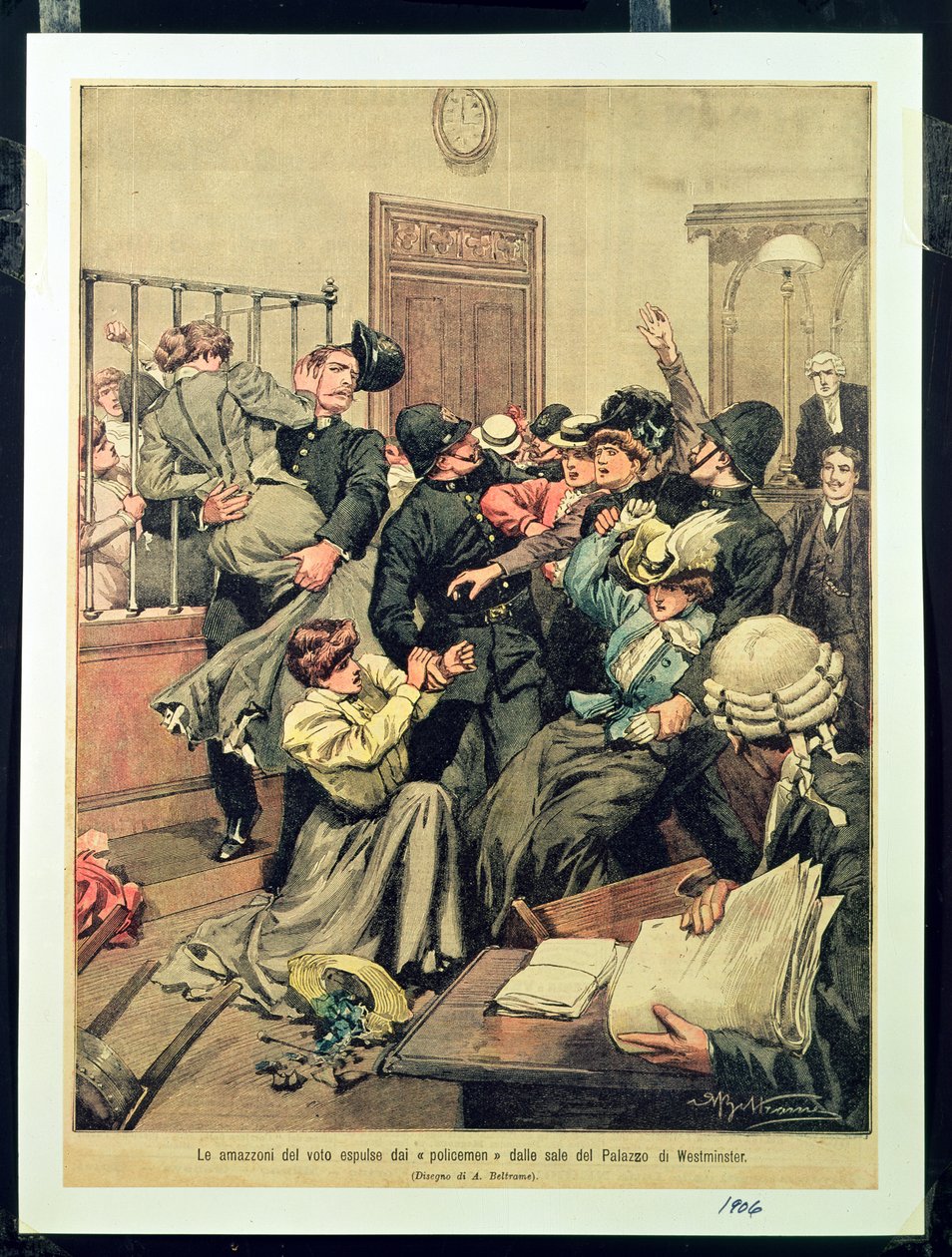 Polizisten vertreiben Suffragetten aus einem Raum im Palace of Westminster, 1906 von Achille Beltrame