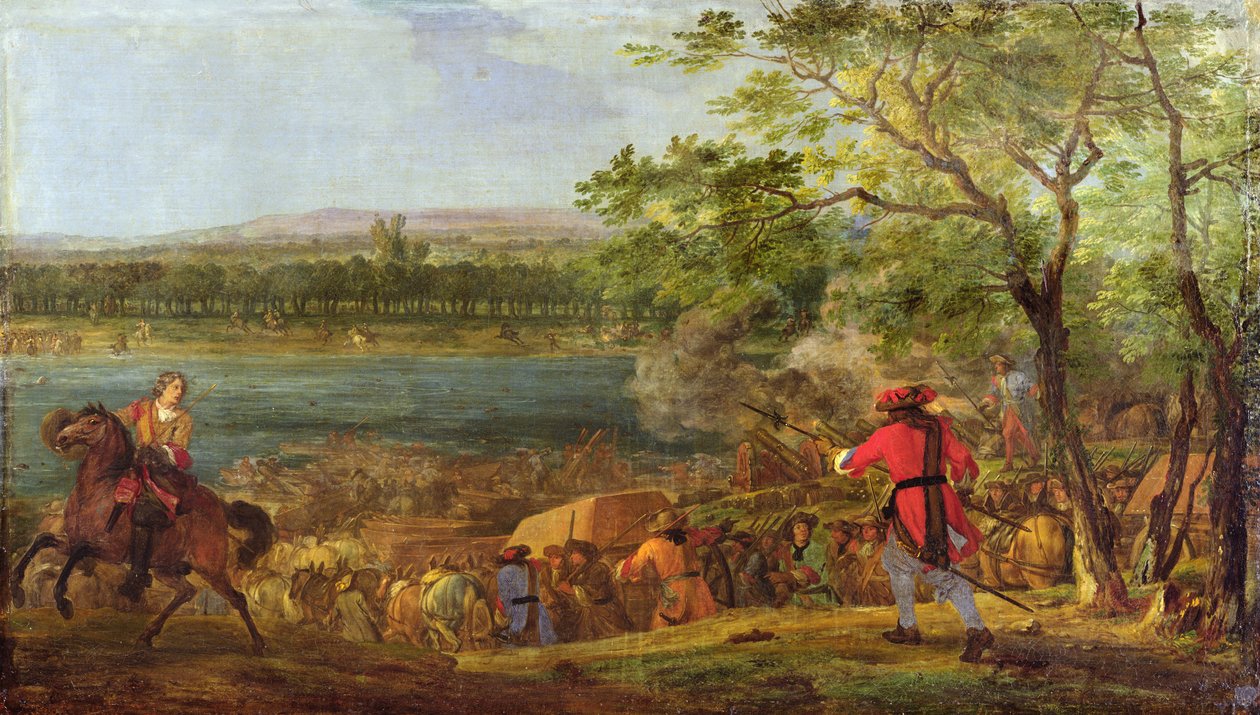 Die Ankunft der Pontoniere für die Überquerung des Rheins, spätes 17. Jahrhundert von Adam Frans van der Meulen