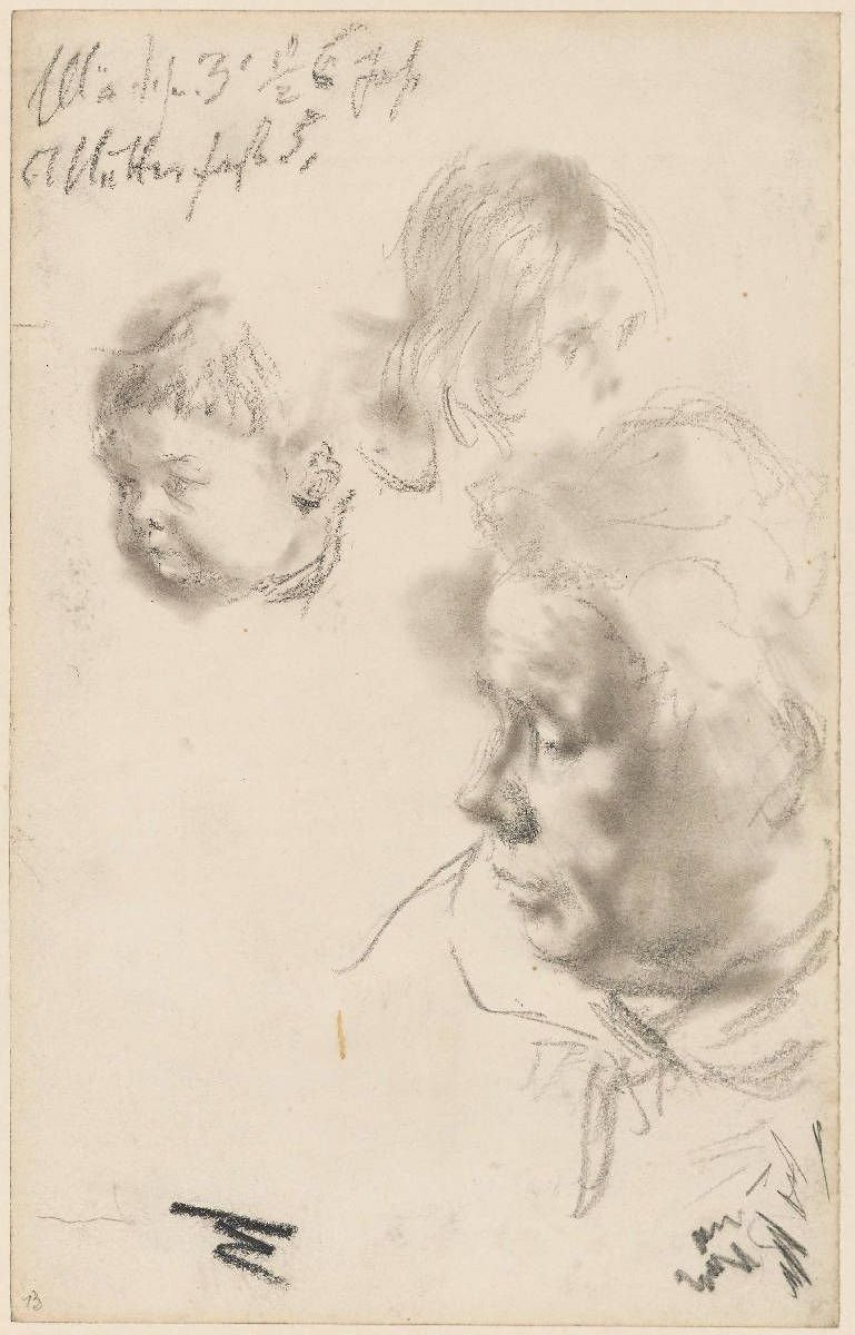Frauenkopf und zwei Kinderköpfe von Adolph Menzel