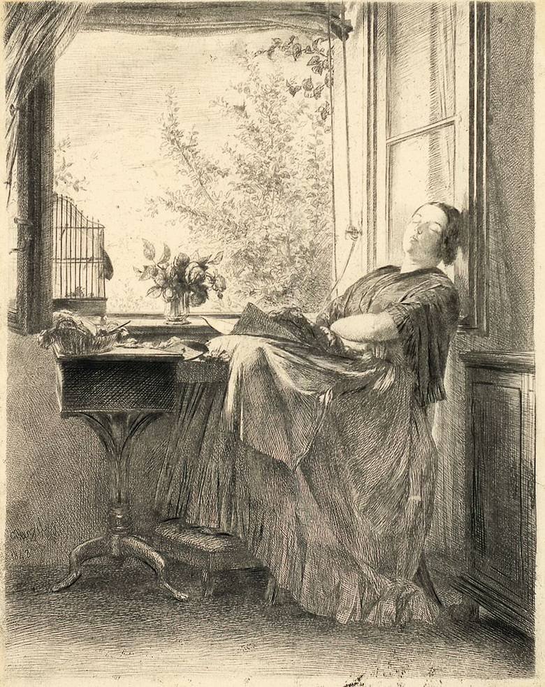 Die schlafende Näherin am Fenster von Adolph Menzel