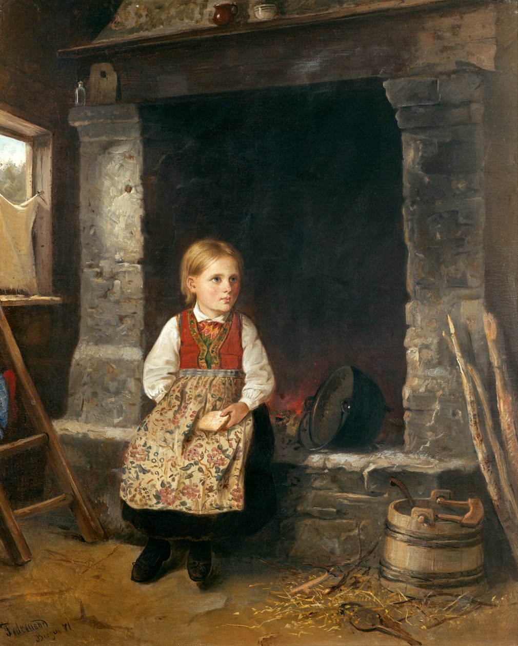 Das Mädchen am Kamin von Adolph Tidemand