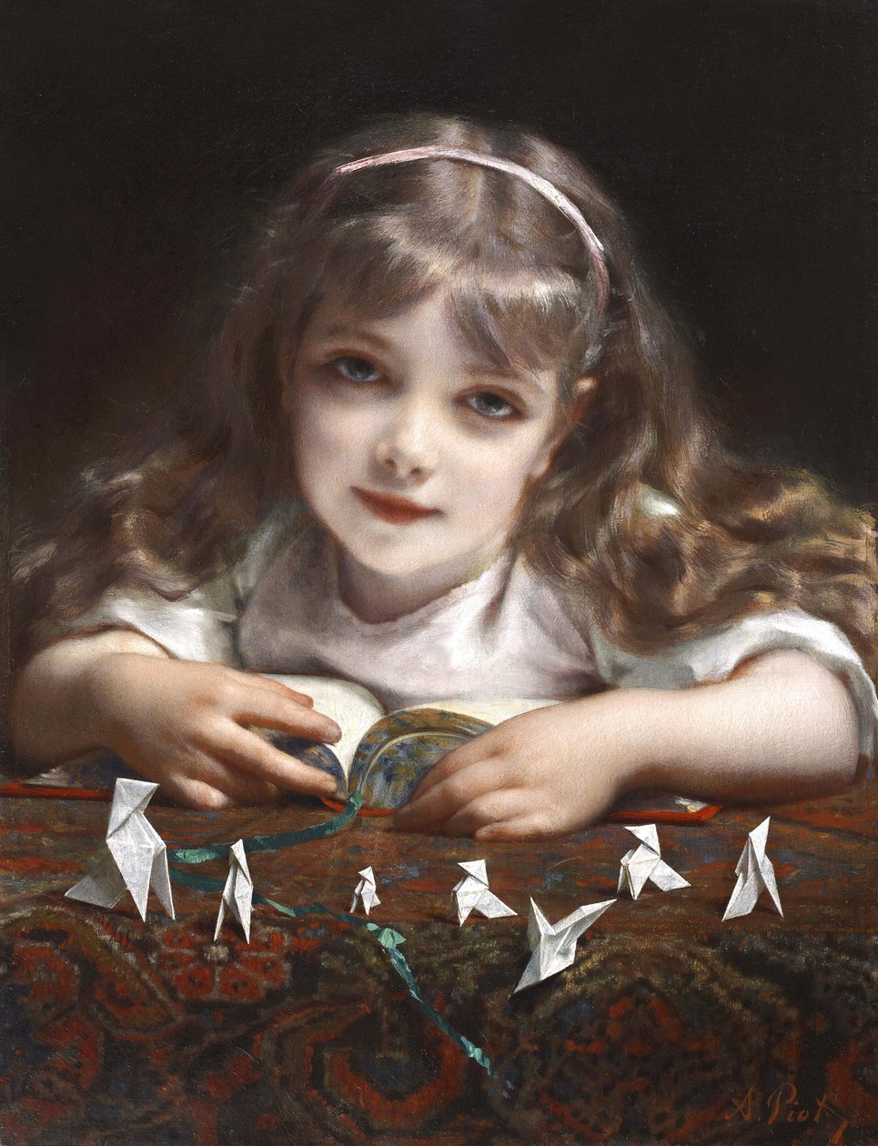 Junges Mädchen mit Origami-Vögeln von Etienne Adolphe Piot