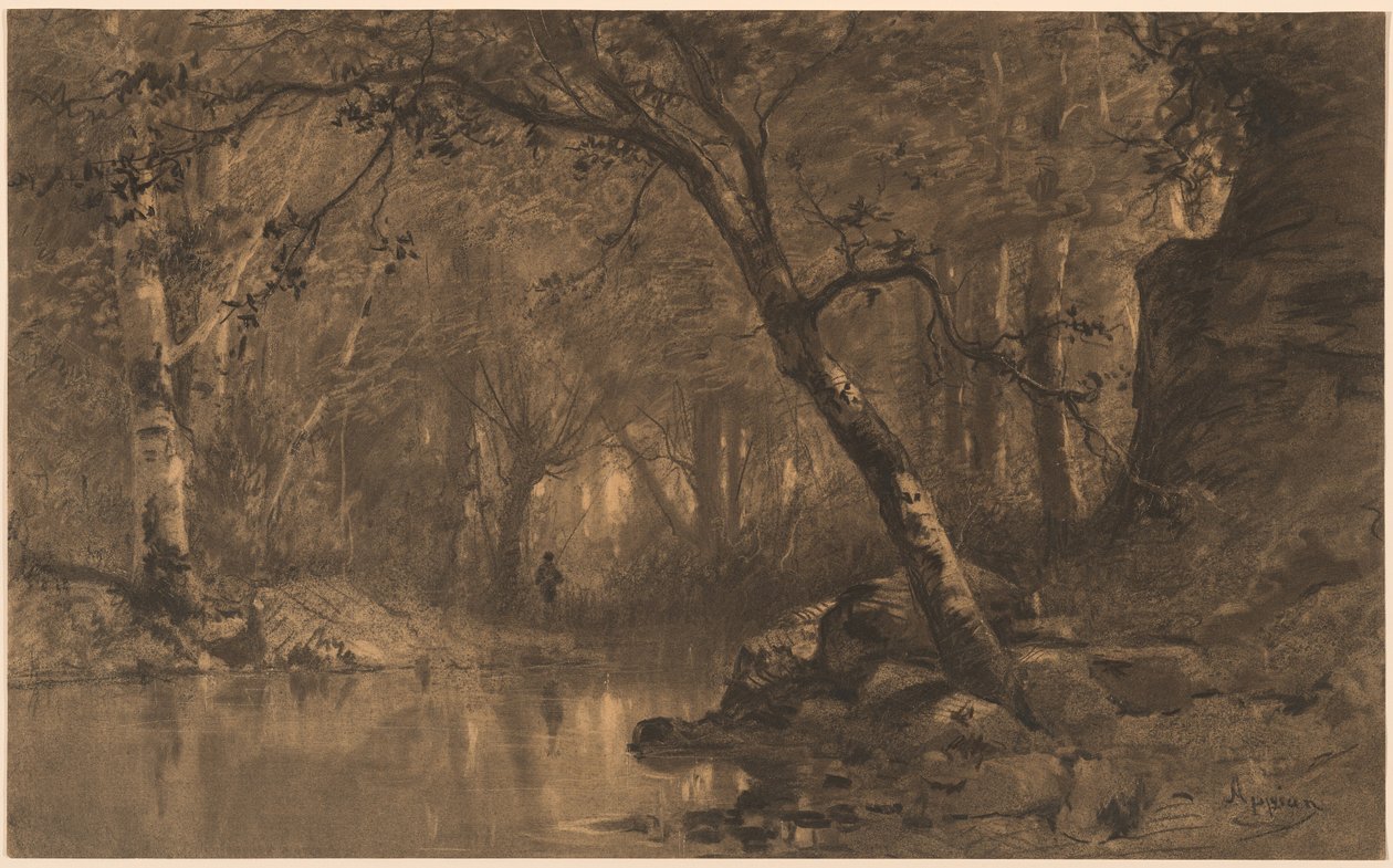 Ein Waldfluss mit einem Fischer von Adolphe Appian