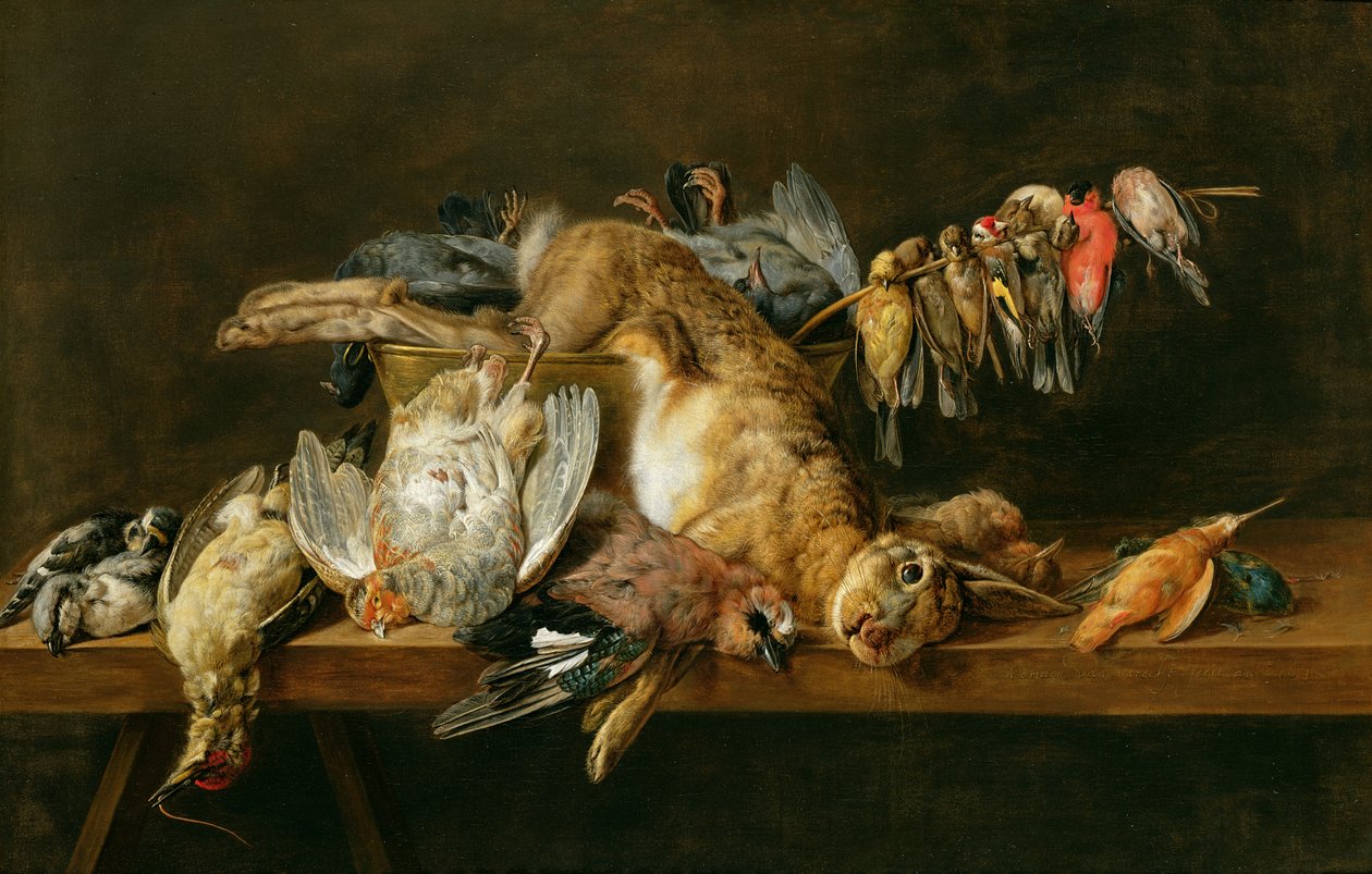Stillleben mit toten Vögeln und einem Hasen auf einem Tisch, 1647 von Adriaen van Utrecht