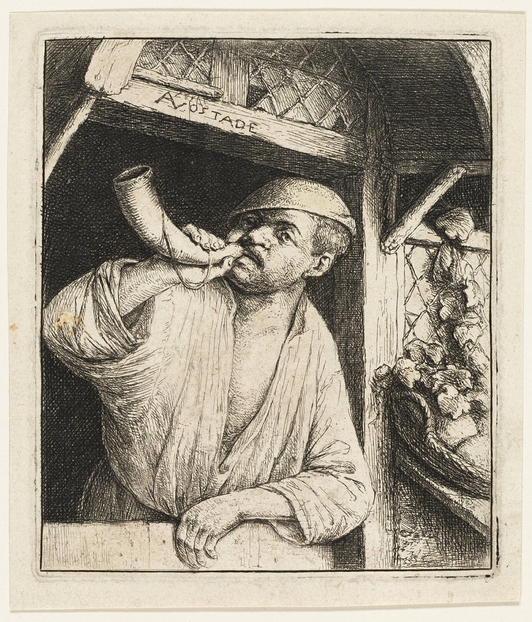 Der Bäcker, der sein Horn bläst von Adriaen van Ostade