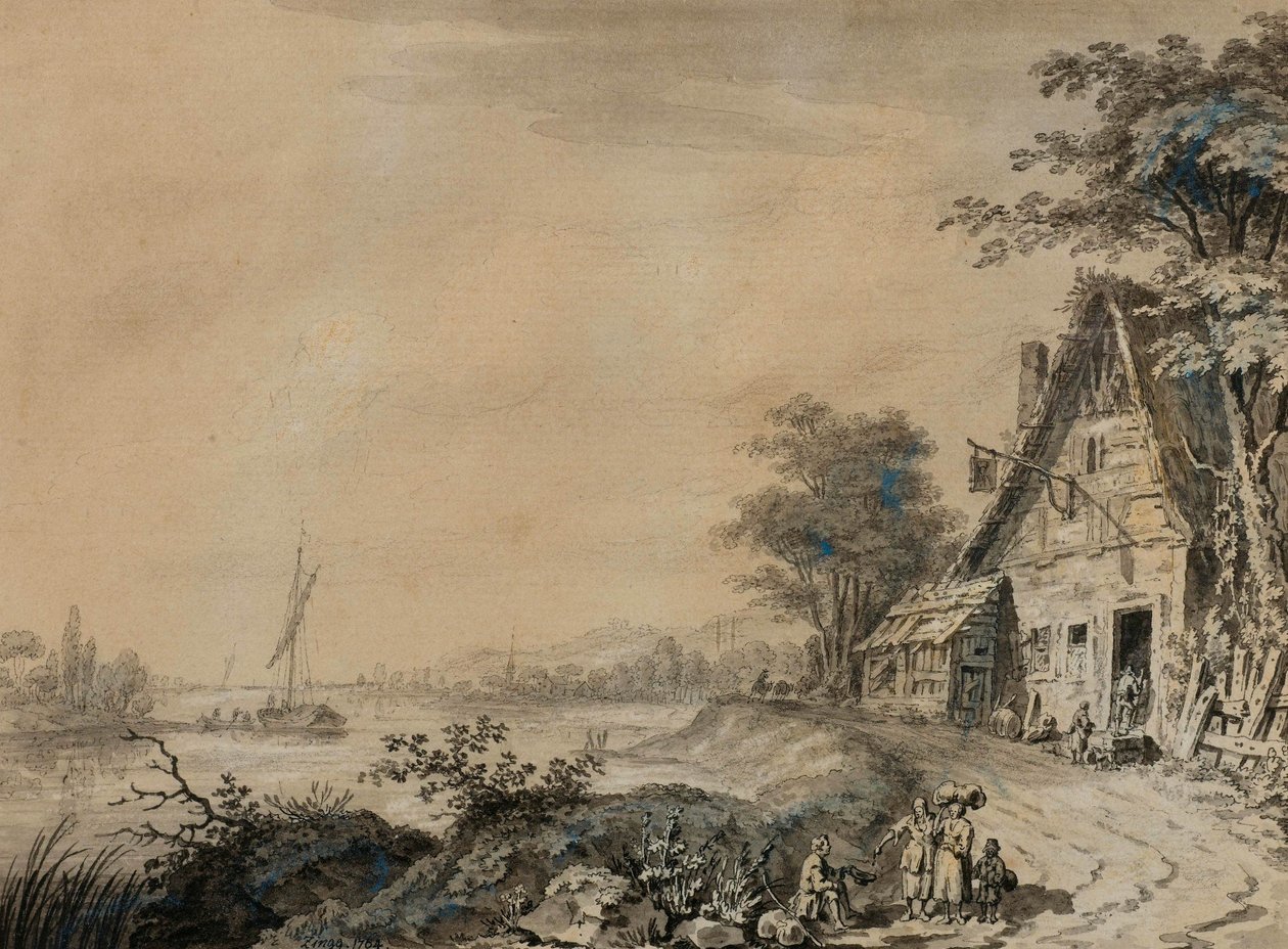 Flusslandschaft mit Figuren bei einem Gasthaus von Adrian Zingg
