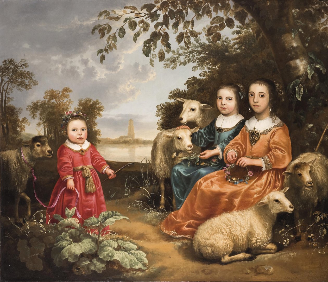 Drei Mädchen mit Schafen in einer Landschaft von Aelbert Cuyp