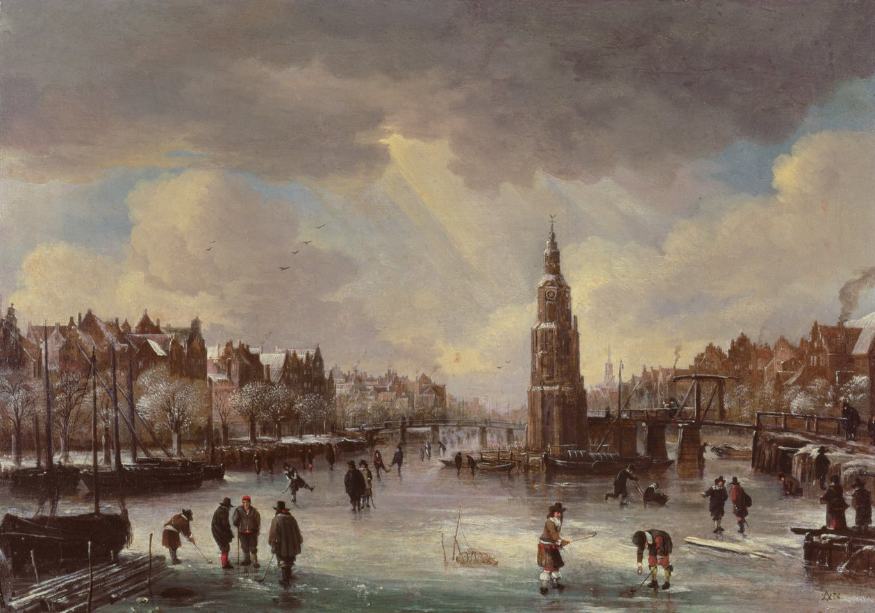 Stadt an einem zugefrorenen Fluss von Aert van der Neer