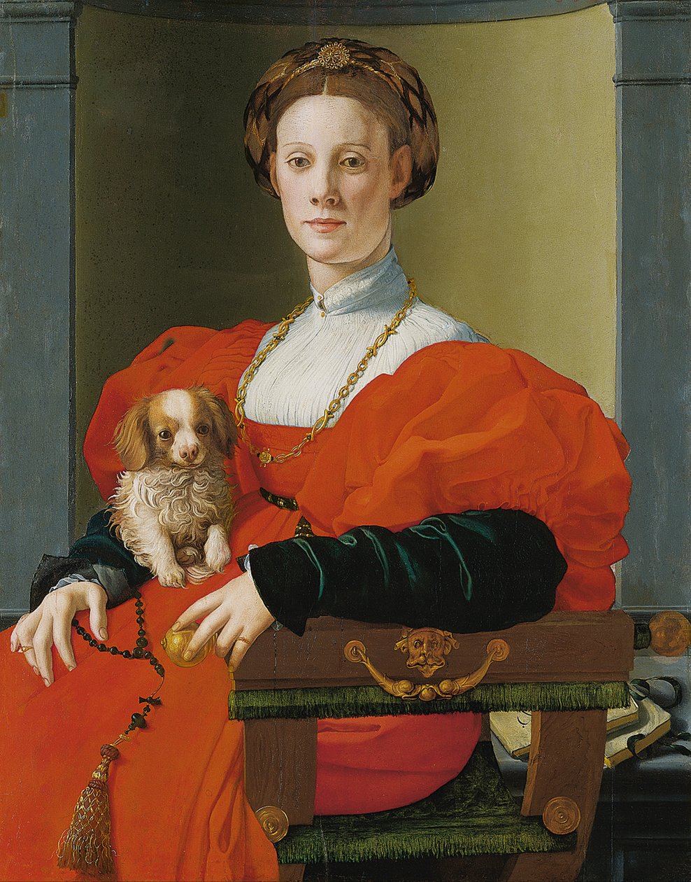 Porträt einer Dame mit einem Schoßhund von Agnolo Bronzino