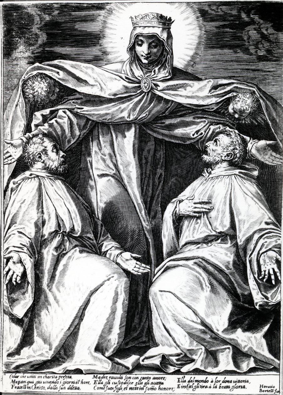 Madonna schützt zwei Mitglieder einer Bruderschaft, Druck von Horatio Bertelli, 1582 (Stich) von Agostino Carracci