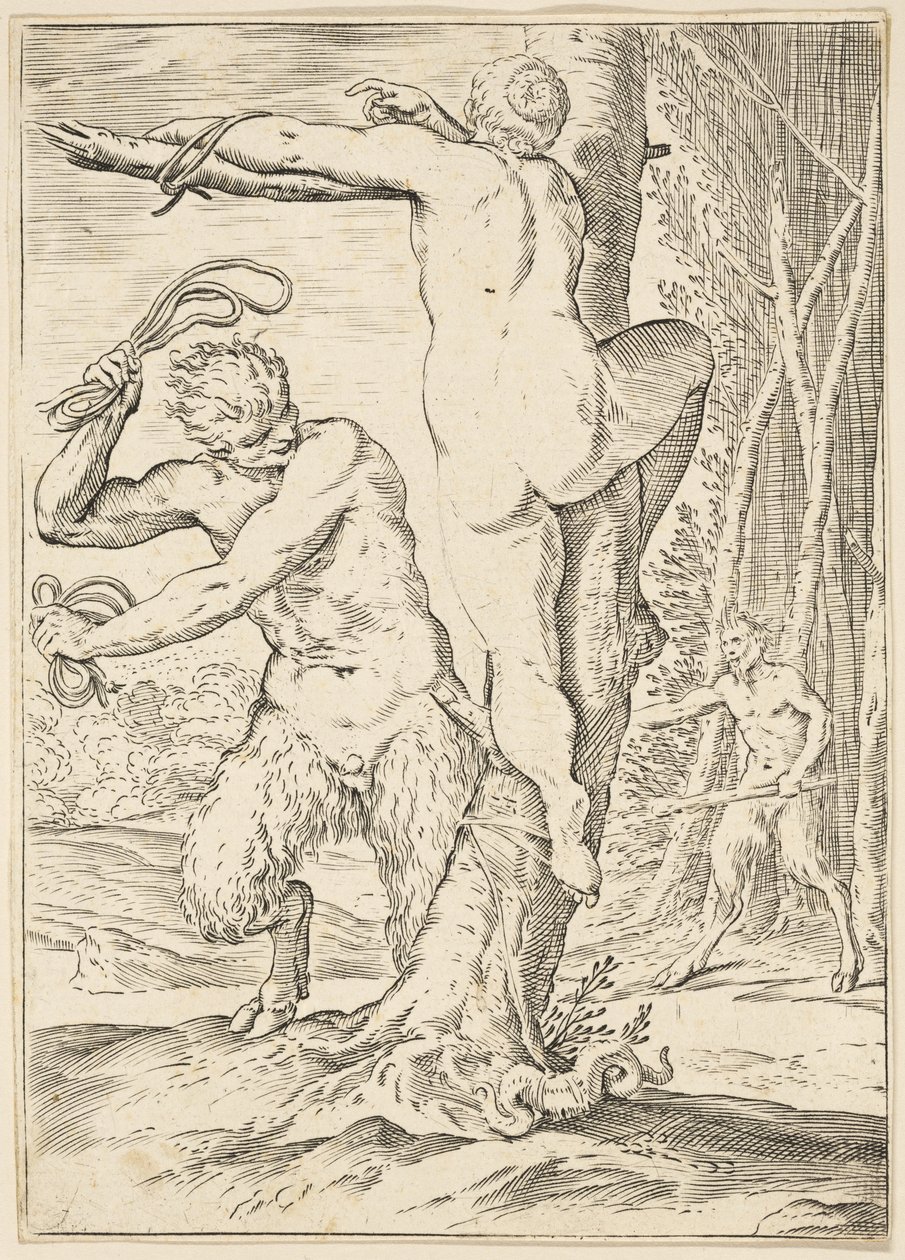 Satyr peitscht eine Nymphe, um 1590-95 von Agostino Carracci