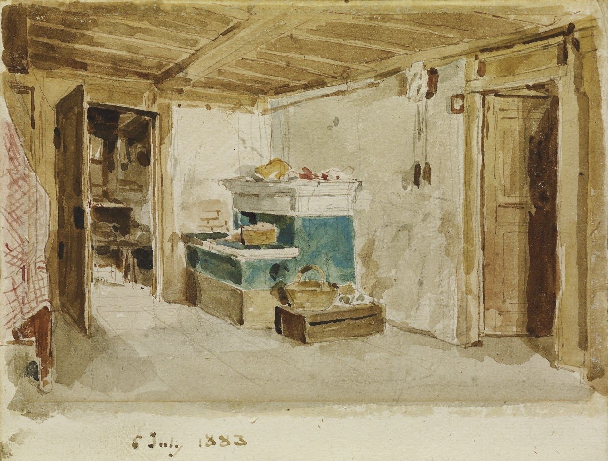 Bauernstube mit grünem Ofen von Albert Anker