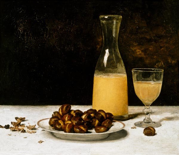 Stillleben mit Wein und Kastanien von Albert Anker