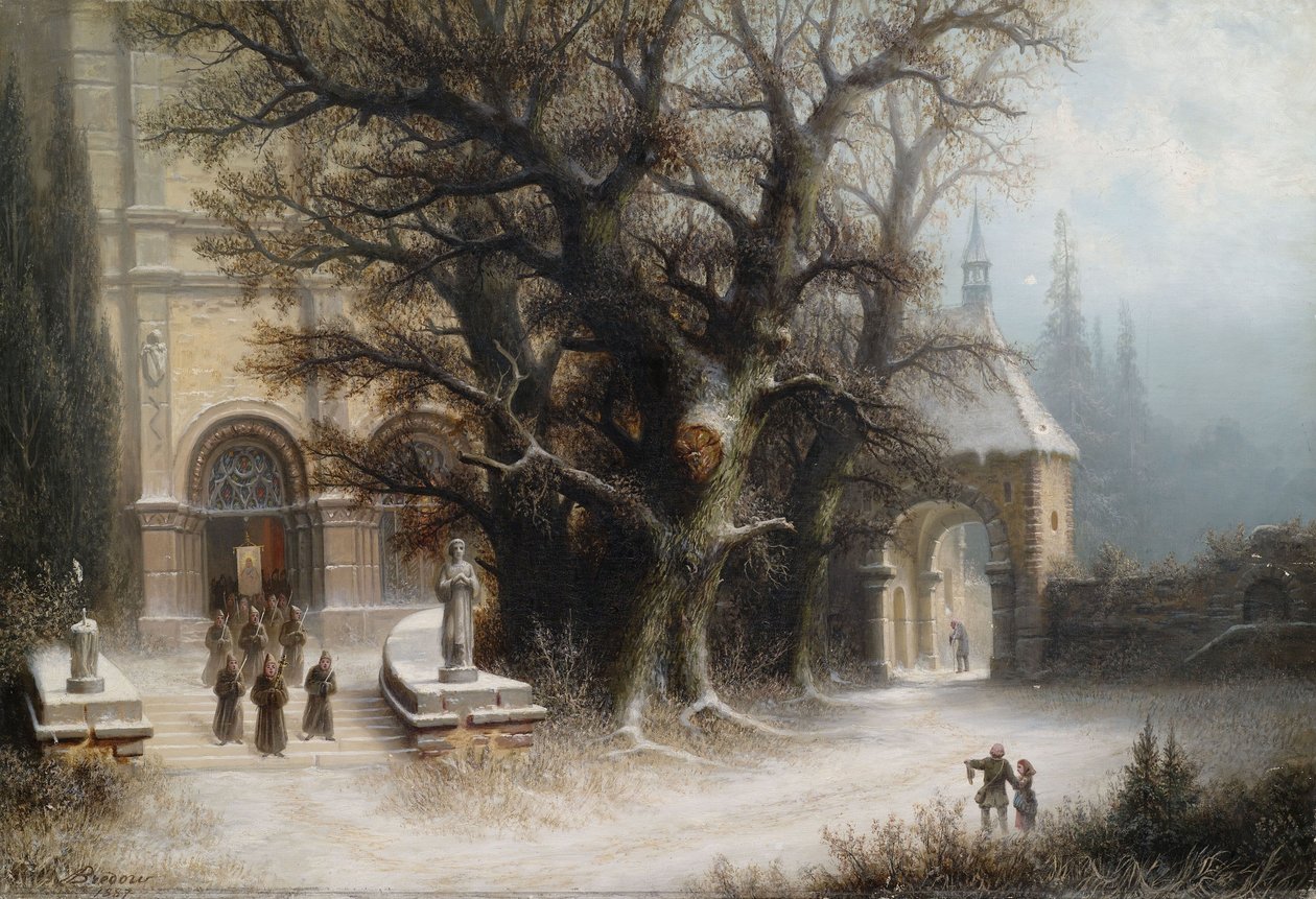 Prozession an einer verschneiten Klosteranlage von Albert Bredow