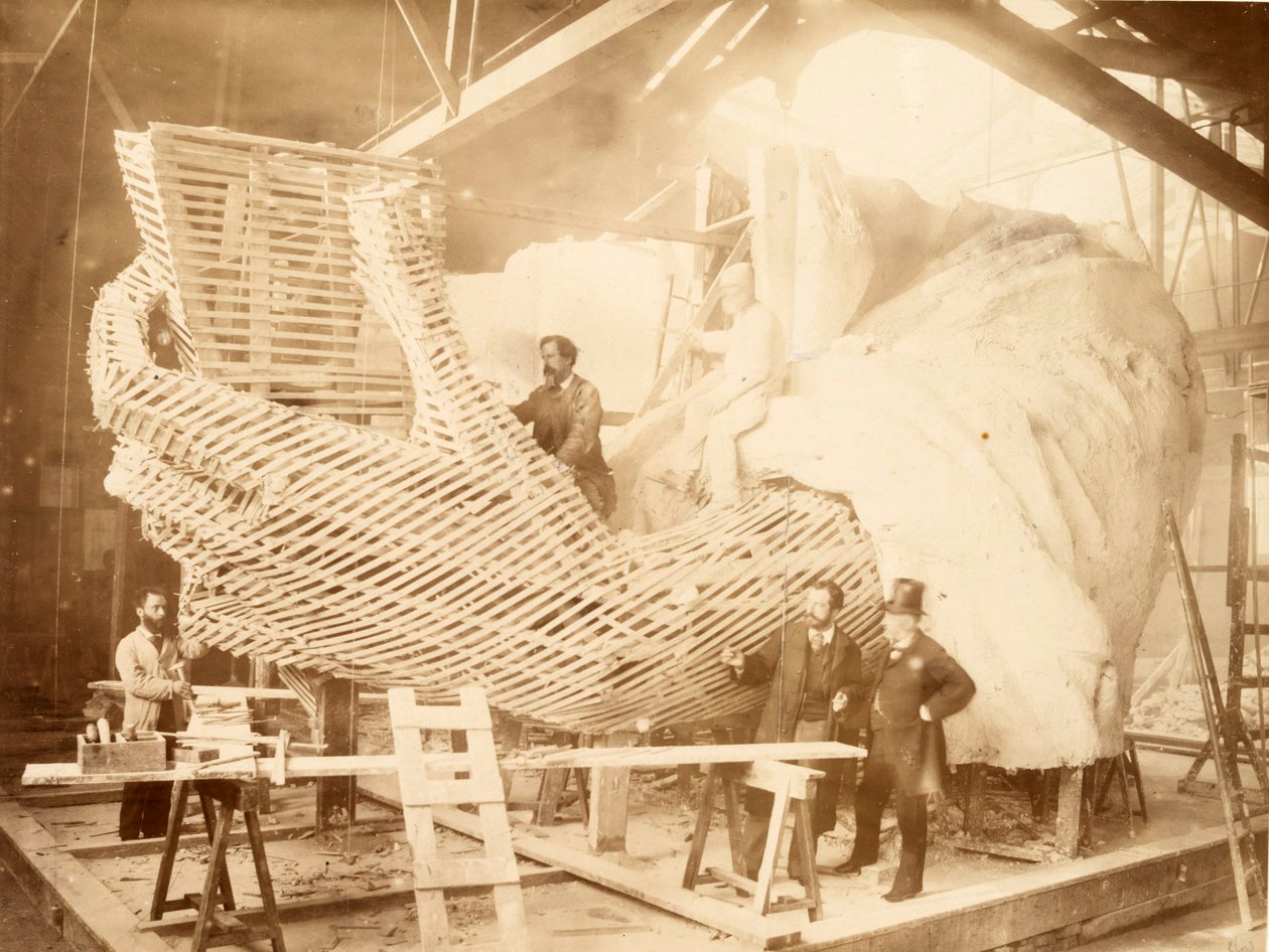 Konstruktion des Skeletts und der Gipsoberfläche für den linken Arm und die Hand der Freiheitsstatue, ca. 1880 von Albert Fernique