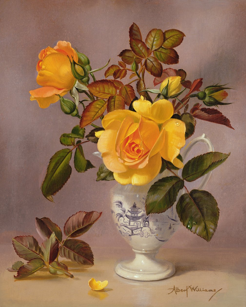 Orange Rosen in einem blau-weißen Krug von Albert Williams