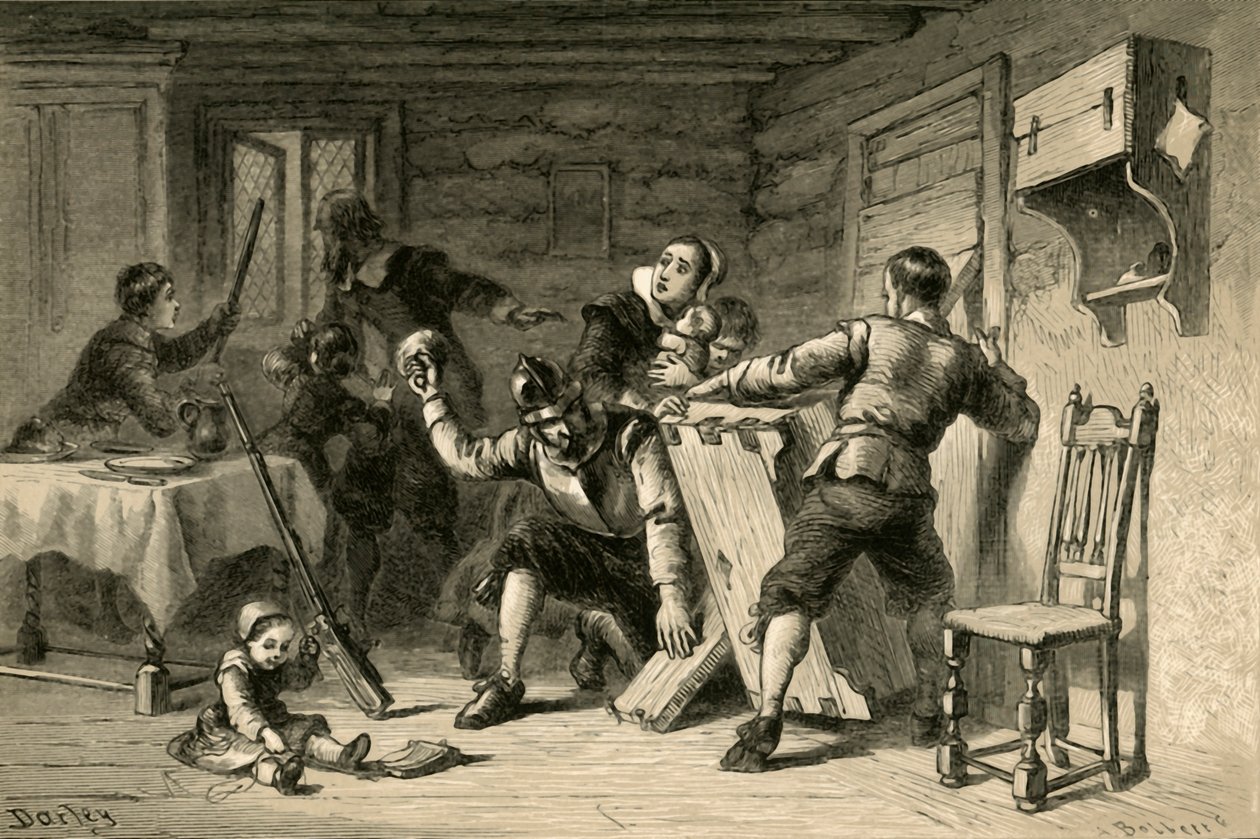 Puritaner verbarrikadieren ihr Haus gegen Indianer, 1877 von Albert Bobbett