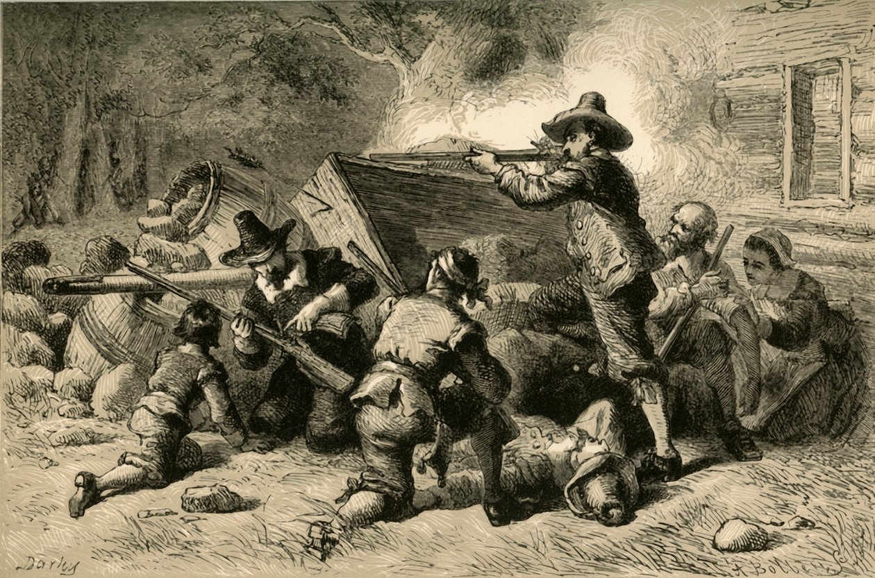 Virginier verteidigen sich gegen Indianer, 1877 von Albert Bobbett