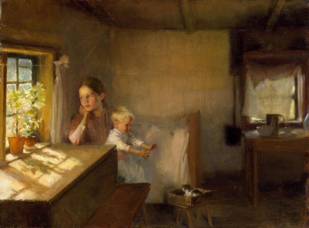Frau mit Kind in sonnenbeschienenem Interieur von Albert Gustaf Aristides Edelfelt