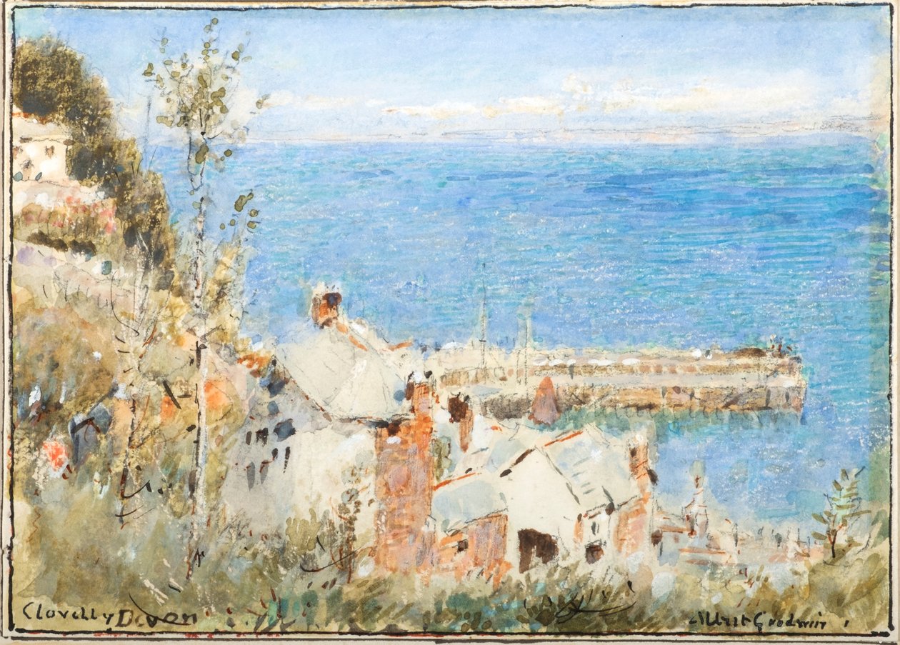 Clovelly, Devon (Aquarell mit Körperfarbe und Tinte) von Albert Goodwin