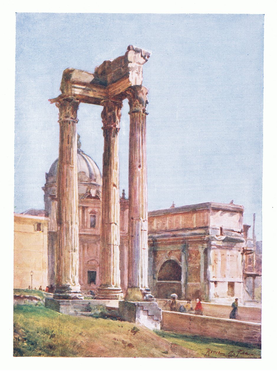 Der Tempel des Vespasian, vom Portikus der Dii Consentes, aus Rom veröffentlicht von A & C Black Ltd, 1925 von Alberto Pisa