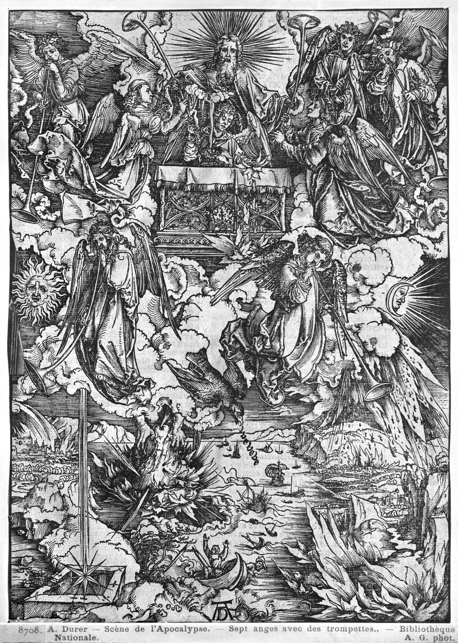 Szene aus der Apokalypse, Die Öffnung des siebten Siegels, Die sieben Engel mit den Trompeten, lateinische Ausgabe, 1511 von Albrecht Dürer