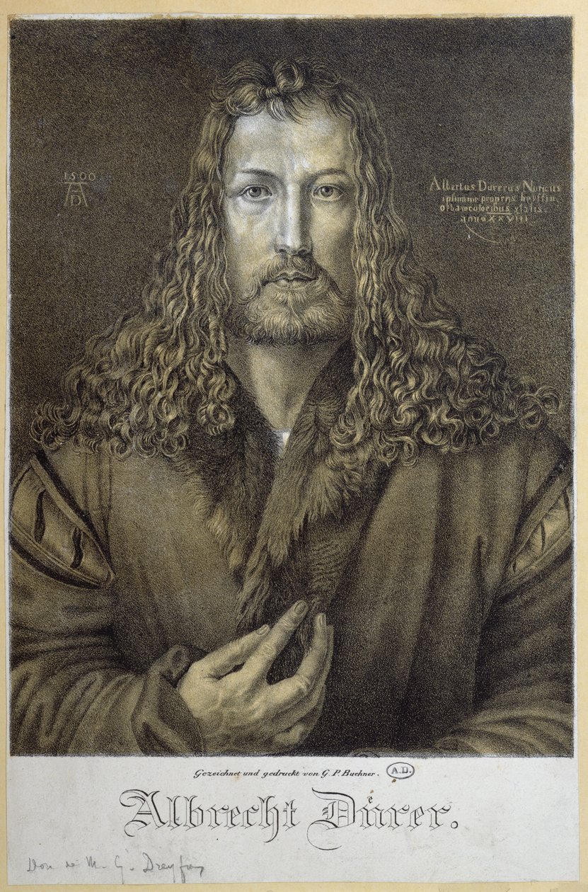 Selbstporträt im Alter von 28 Jahren, 1500, graviert von G. P. Buchner von Albrecht Dürer