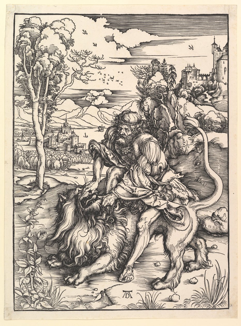 Samson zerreißt den Löwen, ca. 1497-1498 von Albrecht Dürer