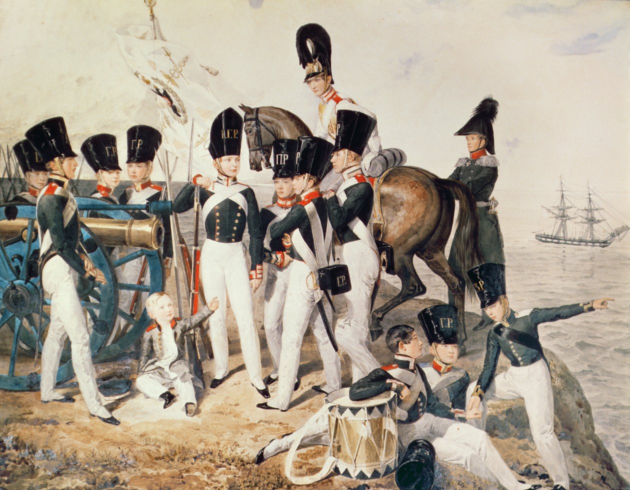 Zarewitsch Alexander (1818-81) mit seinen Kadetten in Peterhof, um 1823 von Aleksandr Pavlovich Bryullov