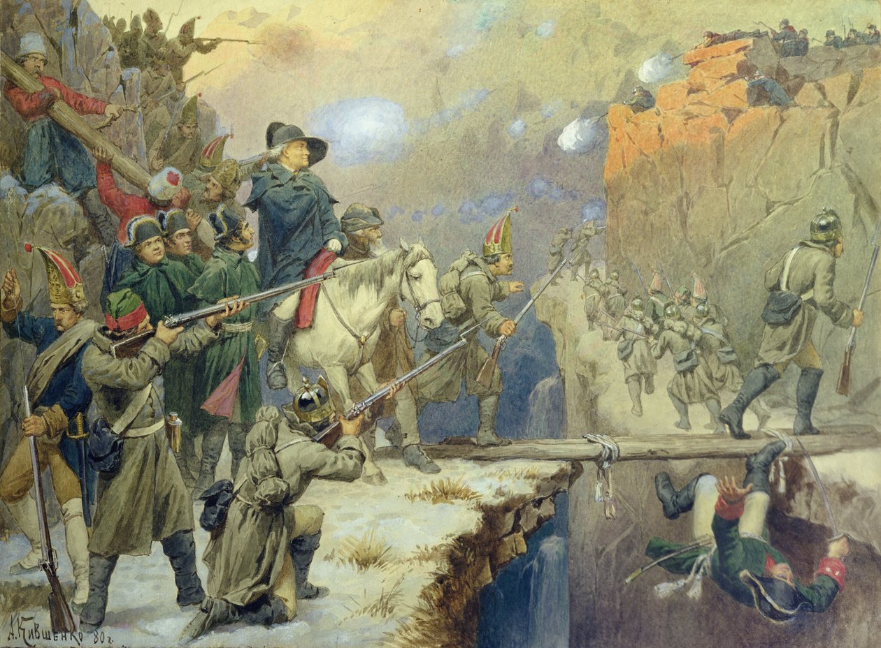 Suworow überquert die Teufelsbrücke 1799, 1880 von Aleksei Danilovich Kivshenko