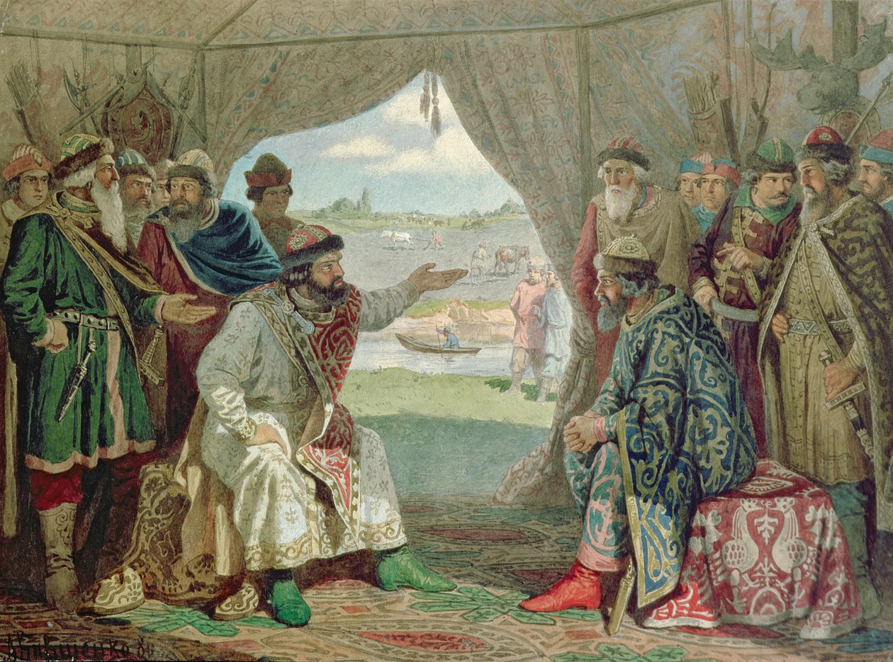 Die Versammlung der Fürsten mit Großfürst Wladimir Monomach II. (1053-1125) in Dolob im Jahr 1103, 1880 von Aleksei Danilovich Kivshenko