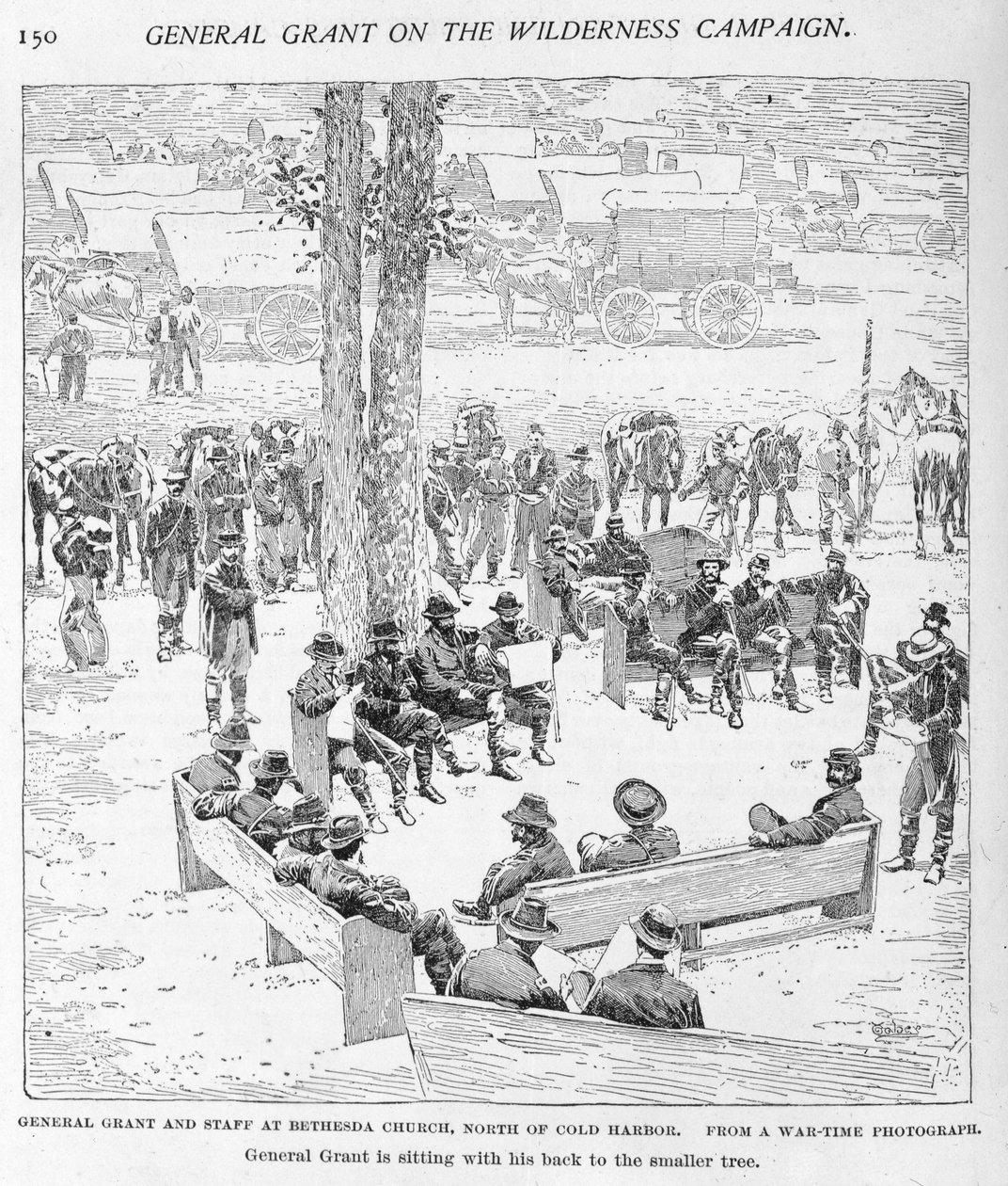 General Grant und Stab in der Bethesda-Kirche, nördlich von Cold Harbour, graviert von J.W. Taber (fl.1850-1928) nach einem Foto, Illustration aus 
