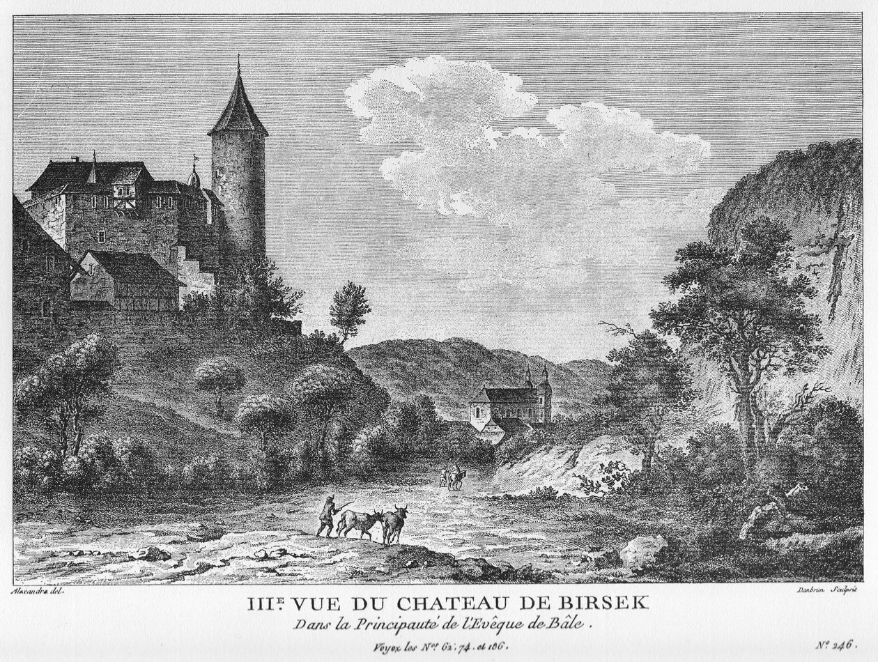 Dritte Ansicht der Burg Birseck im Fürstbistum Basel. Kupferstich von Jean Danbrun nach einer Zeichnung von Alexandre von Alexandre, Jean Danbrun