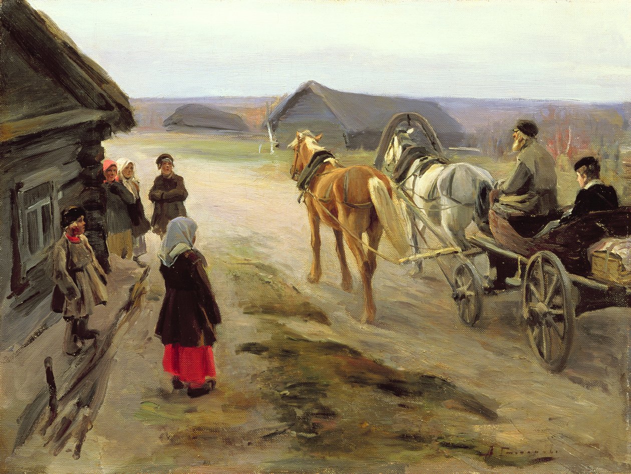 Ankunft einer Lehrerin auf dem Land, ca. 1908-14 von Alexei Steipanovitch Stepanov