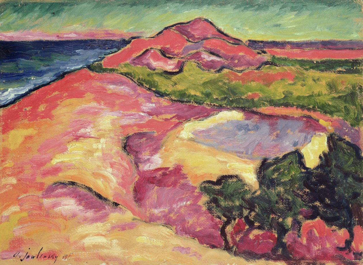 Küstenlandschaft mit rotem Hügel von Alexej von Jawlensky