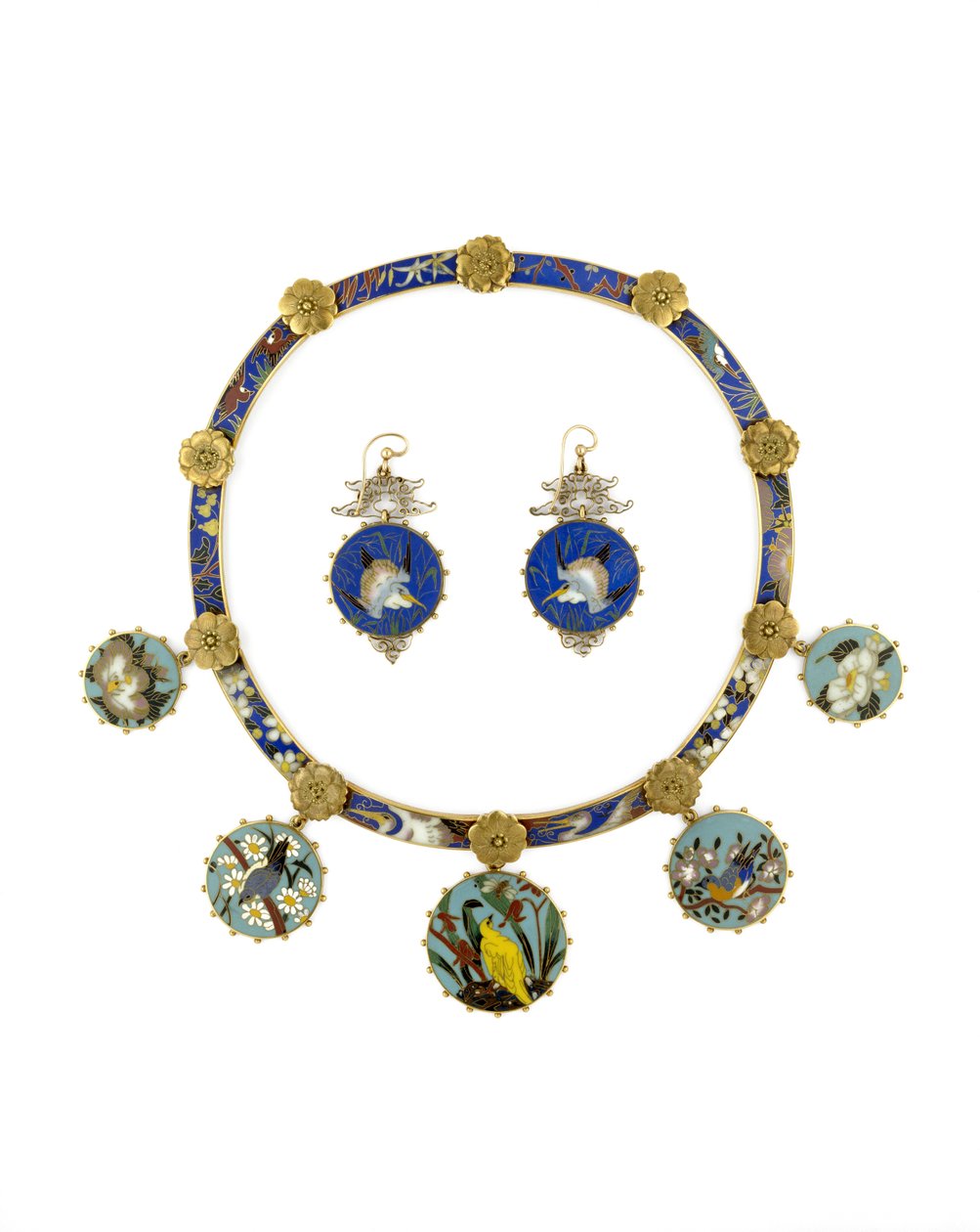 Halskette und Ohrringe (Gold und Emaille) von Alexis Falize