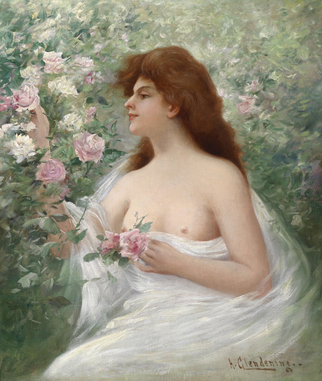 Junge Frau pflückt Rosen von Alfred Augustus Glendening