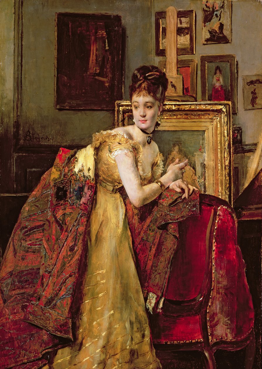 Frau mit indischem Schal in einem Studio von Alfred Emile Stevens