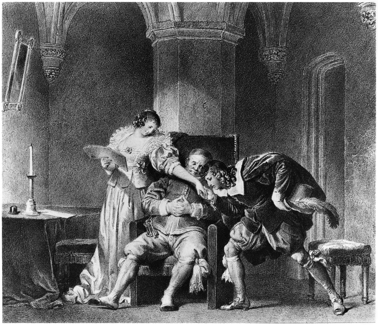 Rosine, Bartholo, Graf Almaviva, Illustration aus 